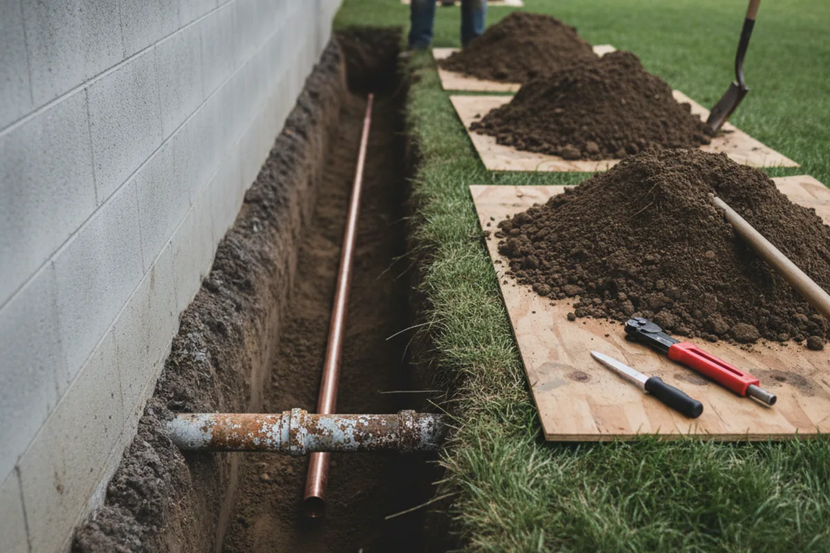 Excavated water line trench during Sewer Line Repair in Crossville